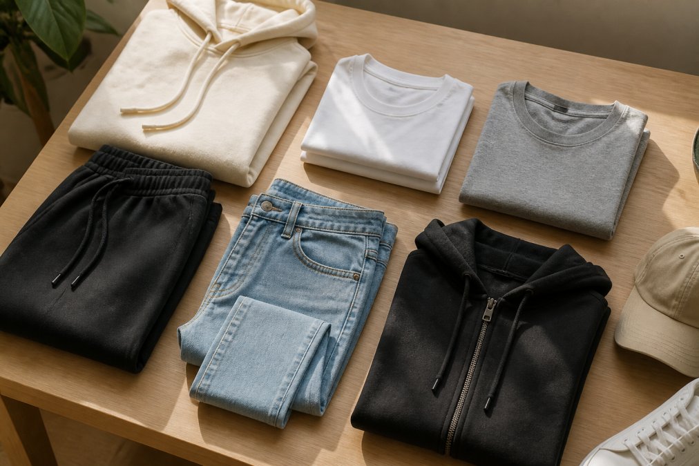 Flat-lay arrangement of neatly folded neutral-toned basics including cream-colored hoodies, white and gray tees, black sweatpants, and denim arranged on a light wooden surface with natural daylight creating soft shadows