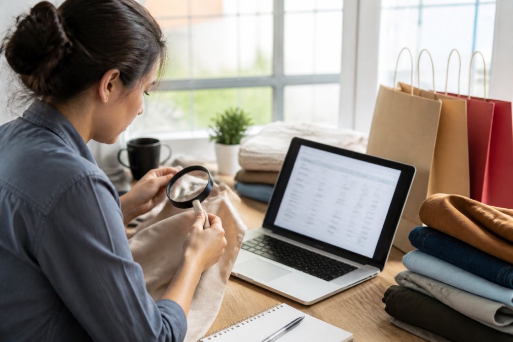 Person sitting at a desk examining clothing fabric texture with a magnifying glass, size chart visible on the laptop screen, natural window lighting illuminating the workspace, shopping bags and folded garments nearby