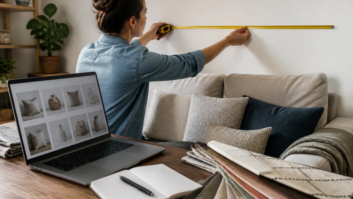 A person measuring a living room wall with a tape measure while looking at a laptop showing home decor product listings, with fabric swatches and a notebook on a nearby table