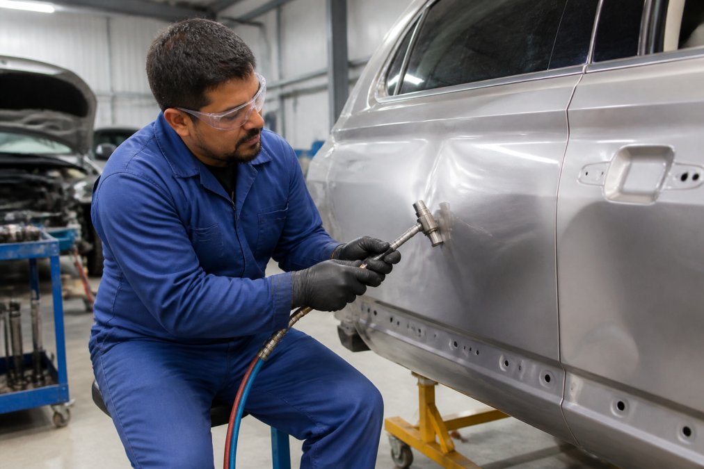 A professional auto body technician in a blue shop uniform using aluminum dent repair tools on a vehicle door panel inside a brightly lit collision repair bay, with specialized equipment visible in the background
