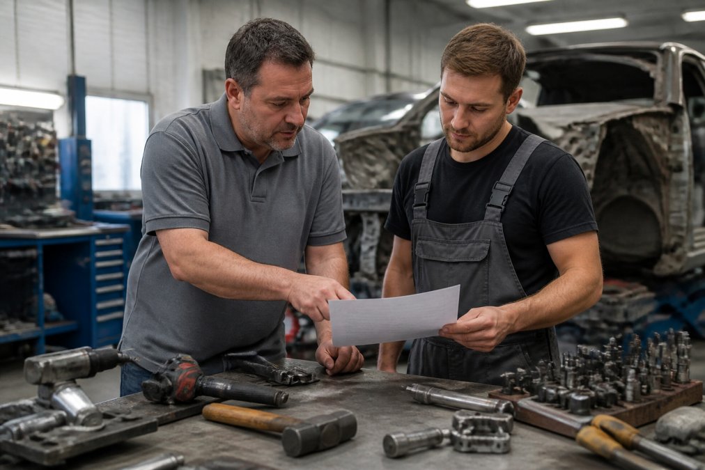 A shop manager in a gray polo shirt and a technician in work overalls reviewing printed equipment specifications together at a metal workbench surrounded by auto body repair tools, under fluorescent workshop lighting
