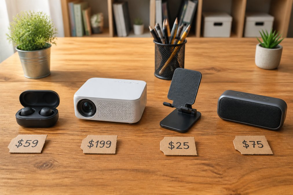Earbuds, a projector, and speakers arranged on a desk with price tags for a comparison of modern gadgets.