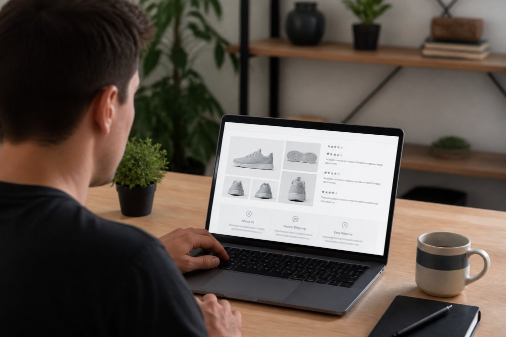 Person sitting at desk examining product details on laptop screen showing multiple product angles, customer reviews, and company information for online shoe retailer