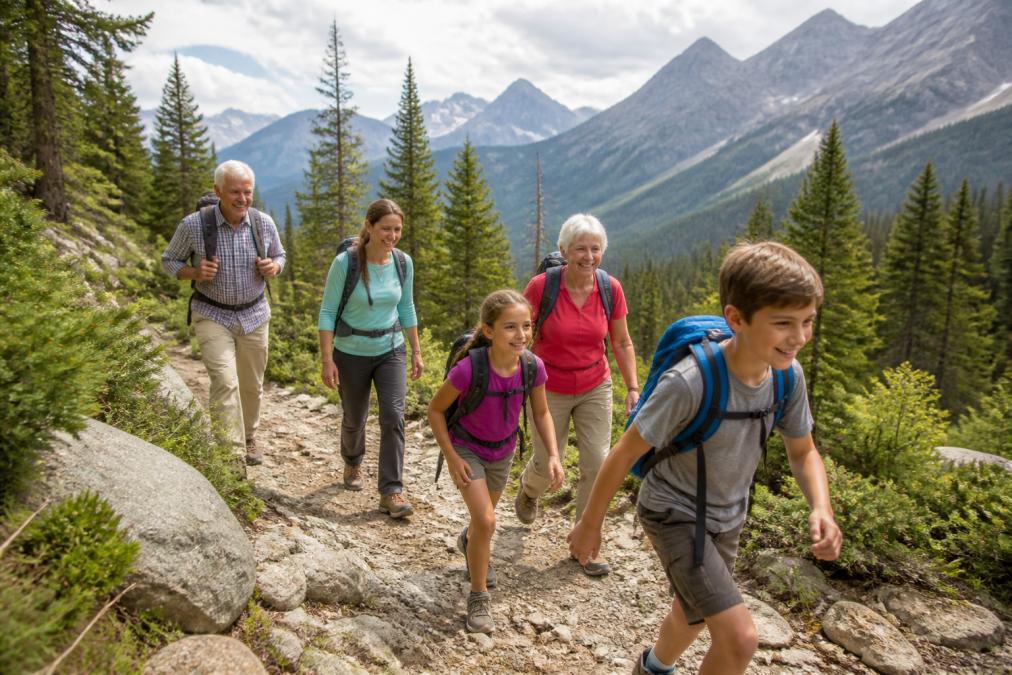 Multi-generational family hiking on a scenic mountain trail surrounded by evergreen trees, with children and grandparents smiling together as they navigate rocky terrain with distant peaks visible