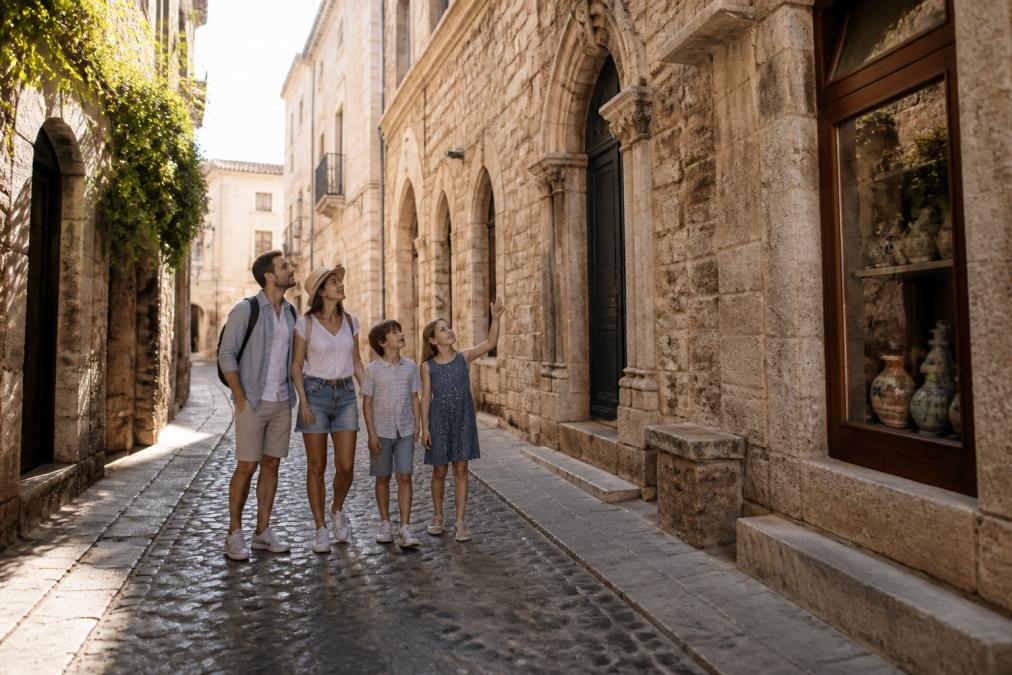 Family of four exploring a historic city street with stone architecture, parents and children examining historic buildings and local storefronts, warm afternoon sunlight creating shadows on cobblestone pavement