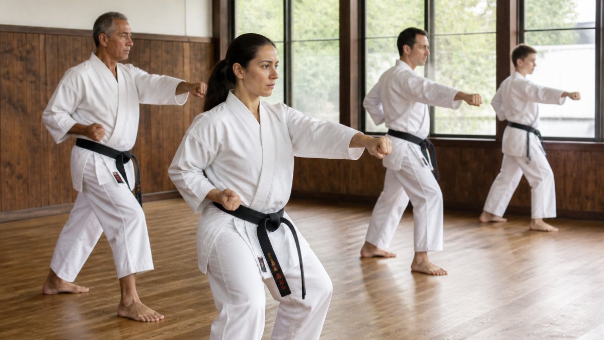 Adult students practicing Shorin Ryu karate near me in a sunlit dojo