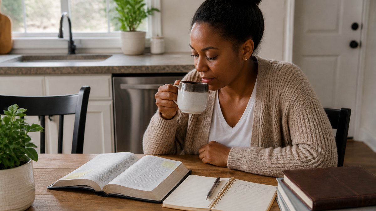 Infographic showing a 10-minute short Bible study for busy moms process with a mother reading at a kitchen table