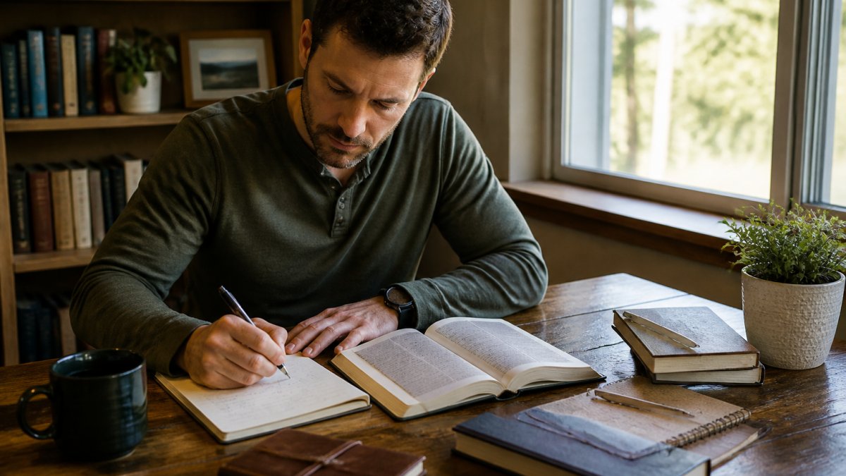 Person taking notes from short books on personal development at a sunlit wooden desk