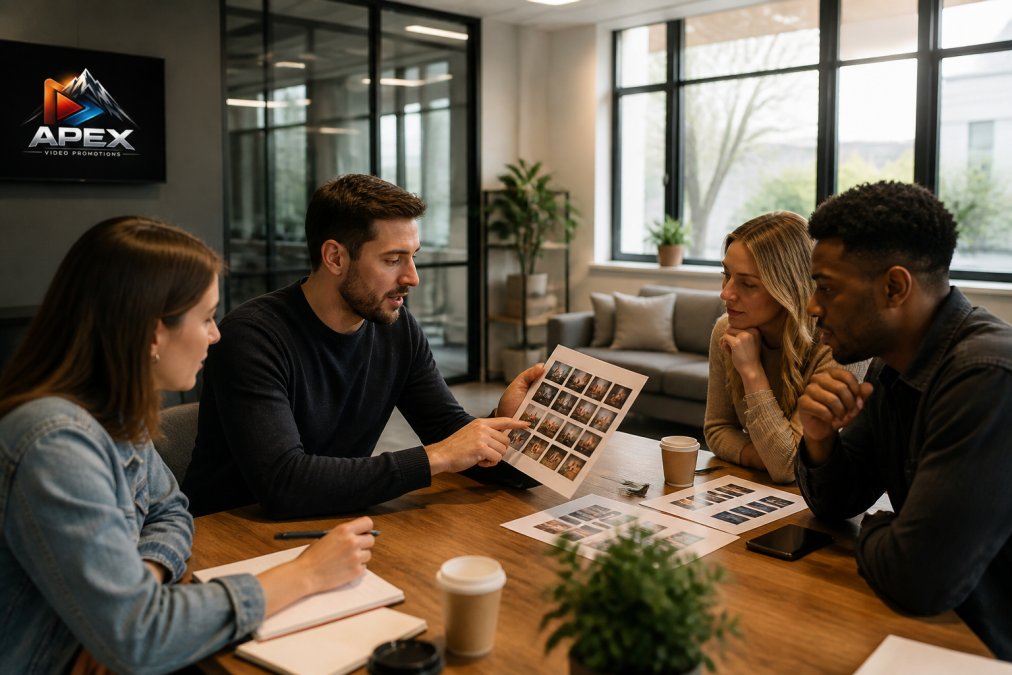 Marketing team reviewing video analytics on multiple screens displaying short and long form video performance metrics in modern office with natural lighting