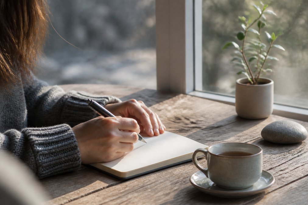 Person writing short haiku poems about mindfulness in a notebook by a sunlit window with tea