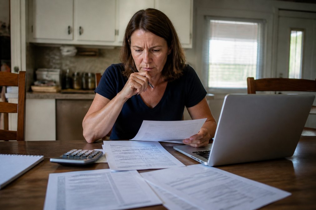 A homeowner sitting at a kitchen table reviewing mortgage paperwork and a laptop, with a pen and calculator nearby, in a modest Kansas home
