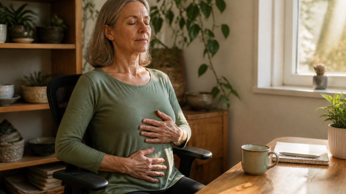 A woman in her fifties sitting upright in an office chair at a tidy desk, one hand resting on her ribs and the other on her belly, eyes softly closed, mid-breath, warm natural light from a nearby window