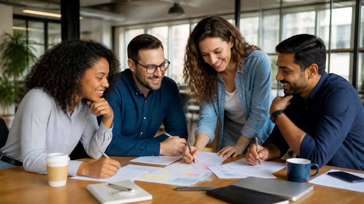 Infographic process showing how short stories about work life help diverse teams overcome workplace challenges.