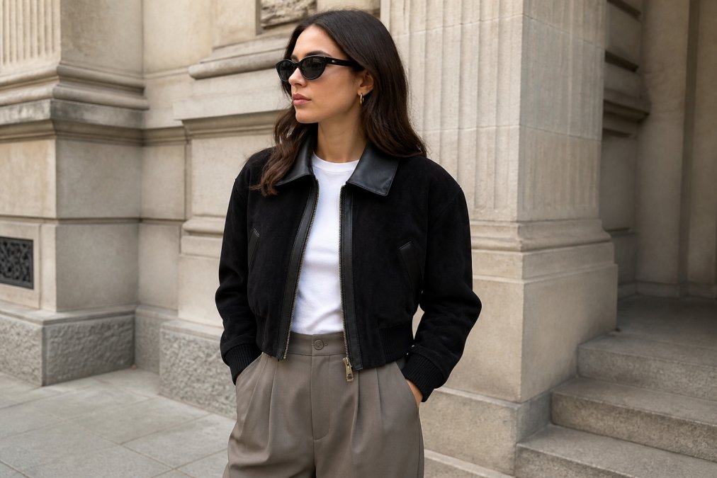 Woman wearing a cropped suede jacket in camel tone styled with white tee and tailored trousers, photographed outdoors in natural daylight showing texture and proportional fit