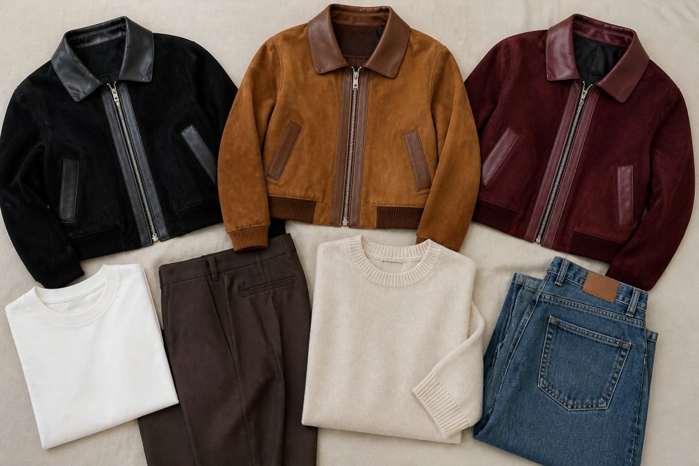 Flat lay of coordinated suede pieces and basics arranged together on neutral background, cropped suede jacket in black, camel, and burgundy tones, white tee, tailored trousers, denim, simple sweater, showing color harmony and styling combinations