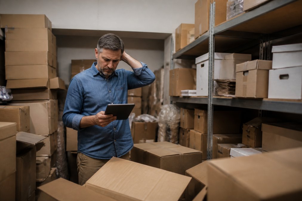 A small business owner in a cluttered stockroom checking inventory on a tablet, surrounded by cardboard boxes and shelving units, with a look of concern about space