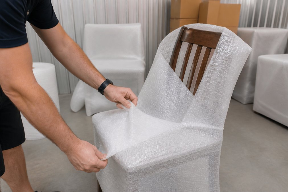 Hands carefully wrapping a wooden dining chair with white bubble wrap and breathable protective covers in a bright, modern storage facility