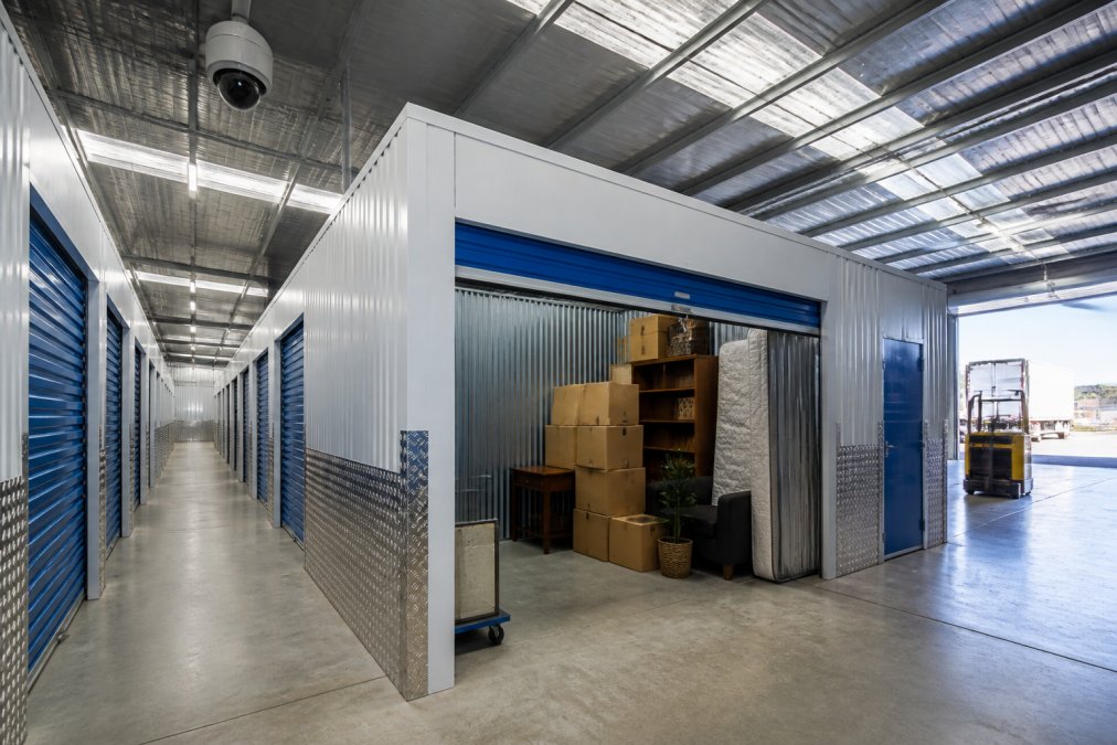 Interior view of a modern, well-lit self-storage facility with clean, organised storage units, a visible CCTV camera mounted on the ceiling, and a loading dock area with equipment
