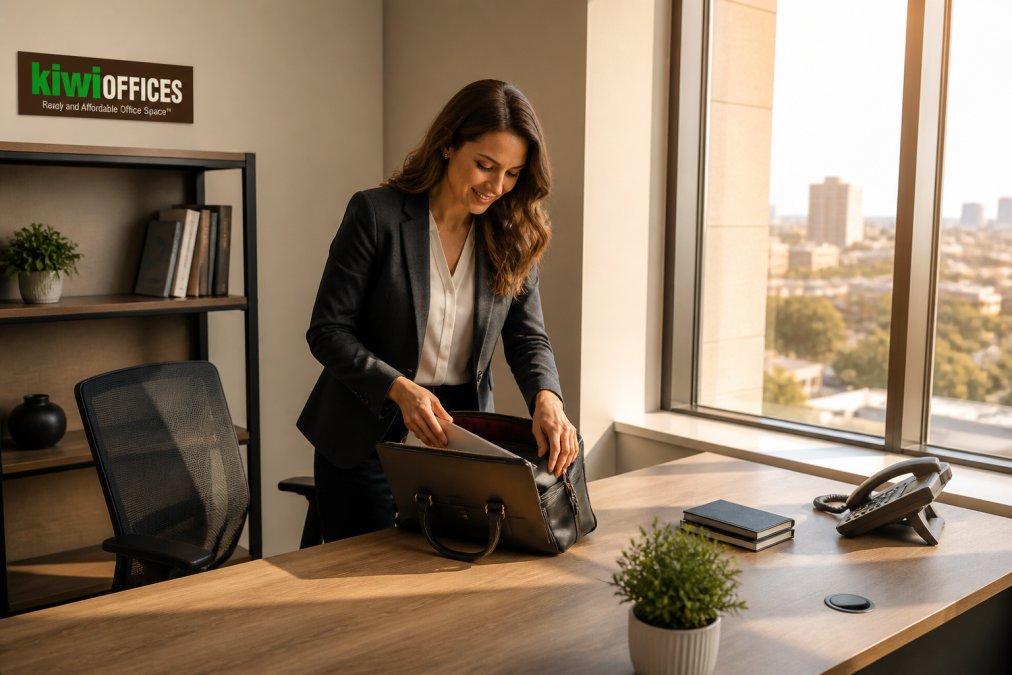 Business owner unpacking a laptop at a desk in a sunlit short term office suite with professional shelving.