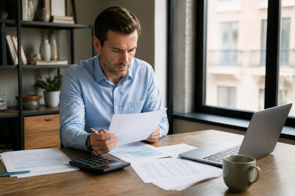 Real estate investor reviewing property documents and financial statements at a desk with laptop, calculator, and rental income spreadsheets in a modern office with natural lighting