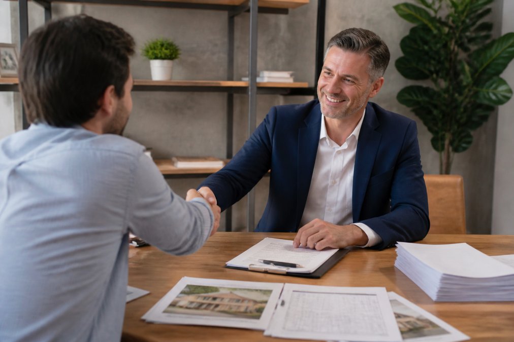 Professional loan officer and investor shaking hands across modern office desk after signing loan documents, with financial statements and property appraisal visible, natural office lighting
