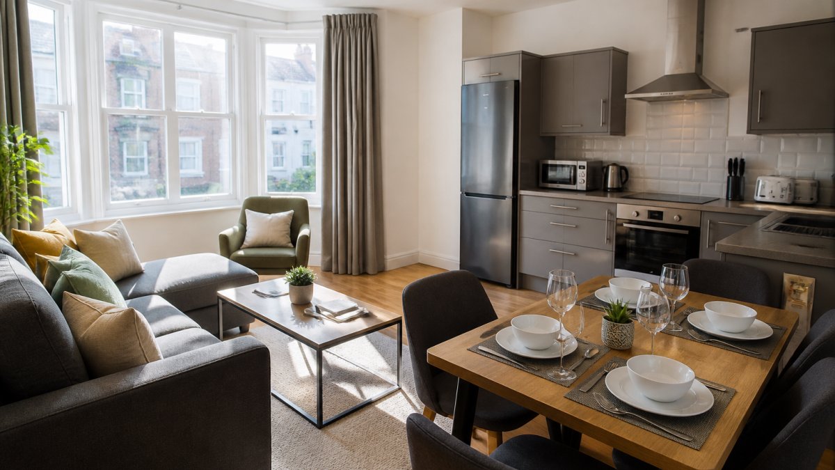 Bright, modern furnished flat interior with comfortable sofa, dining table set for four, fully equipped kitchen with stainless steel appliances, and natural light streaming through large windows