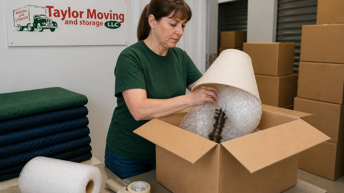 A person carefully wrapping a lamp in bubble wrap and placing it into a labeled cardboard box inside a clean, well-lit storage area with stacked boxes in the background