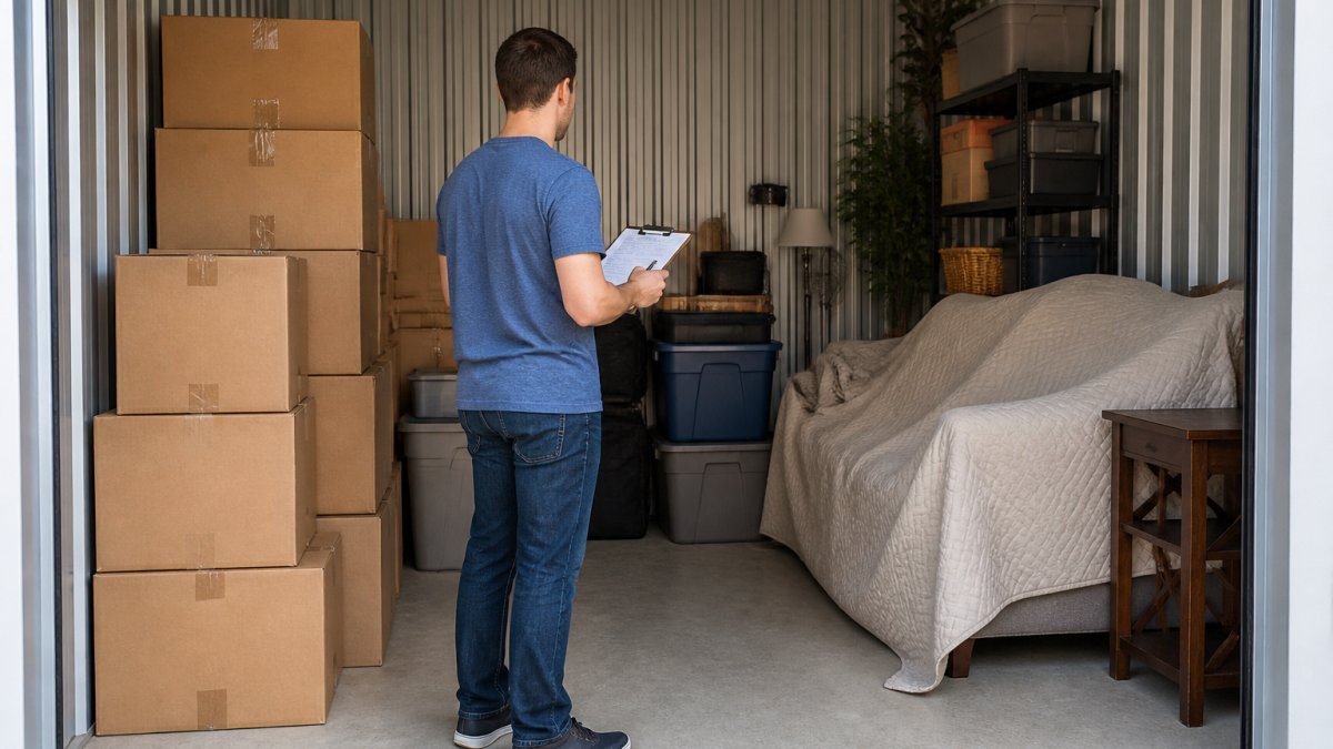A person standing inside a clean, well-lit storage unit, looking at neatly stacked boxes and a covered sofa, with a clipboard in hand