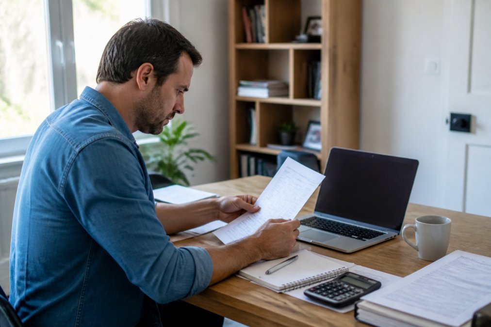 Business owner reviewing financial documents and laptop showing cash flow projections in a home office workspace with natural lighting and accounting materials on desk