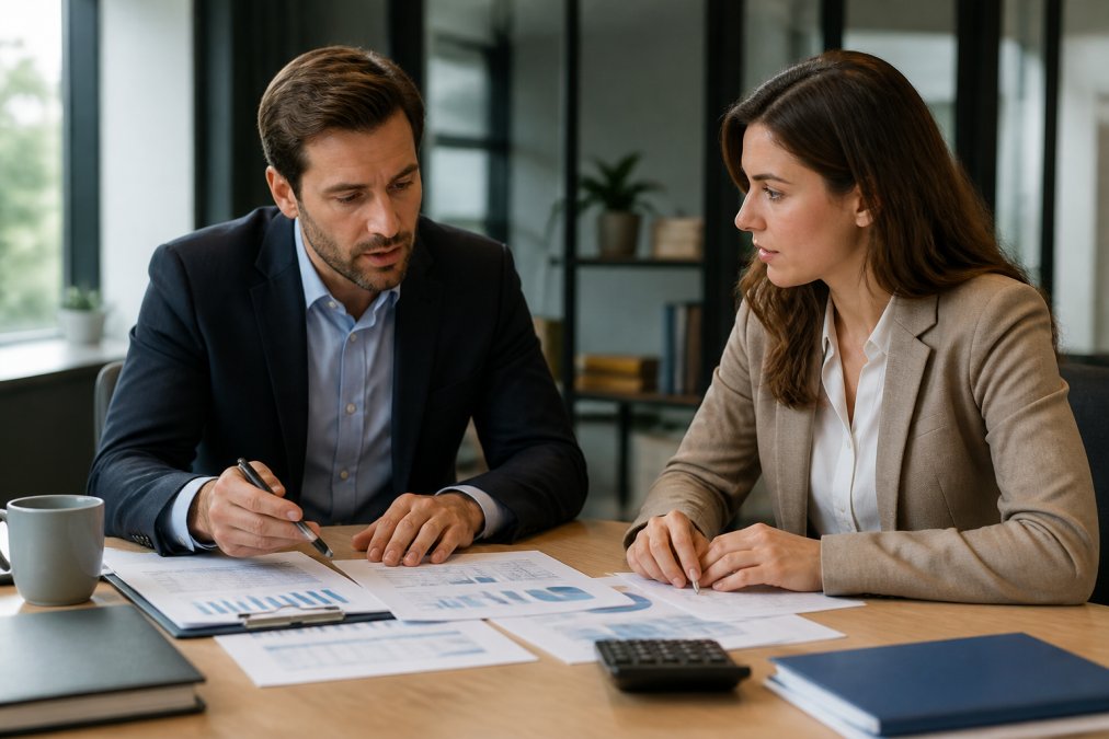 Two professionals in business attire discussing loan options at desk with financial reports, calculator, and documents visible, professional office setting