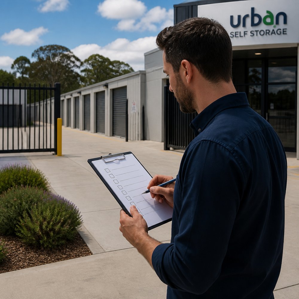 Person reviewing a checklist in front of a modern storage facility while deciding between short-term vs long-term storage.