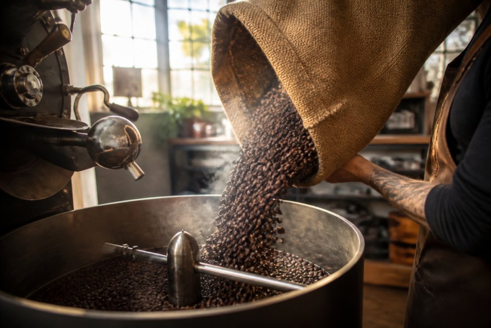 Close-up of roasted coffee beans being poured from a burlap sack into a small-batch roaster in a bright artisan roastery, warm morning light catching the steam