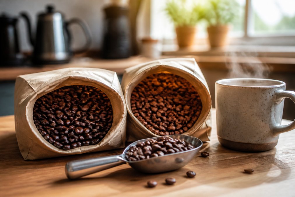 A side-by-side flat lay of two open bags of coffee beans on a wooden kitchen counter, one dark roast and one medium roast, with a metal scoop of beans and a steaming ceramic mug nearby in soft morning light