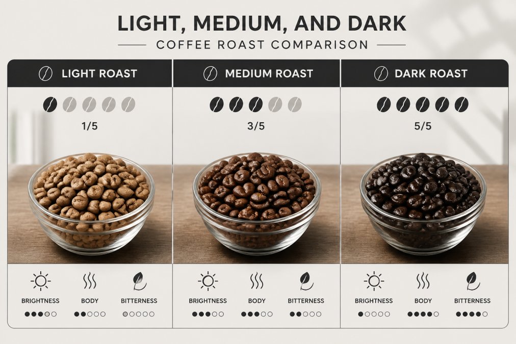 Three small glass bowls side by side on a wooden table, each holding coffee beans of a different roast level: light brown, medium brown, and dark glossy brown, with natural window light