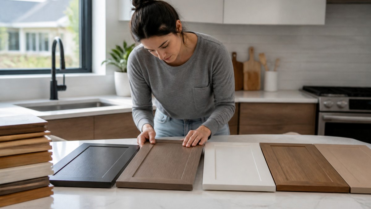 Homeowner examining wood grain and finish quality on various kitchen cabinet door samples on a modern counter