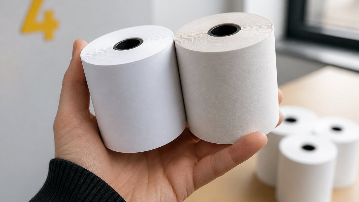 Visual comparison of thermal till rolls versus standard paper rolls demonstrating texture and appearance.