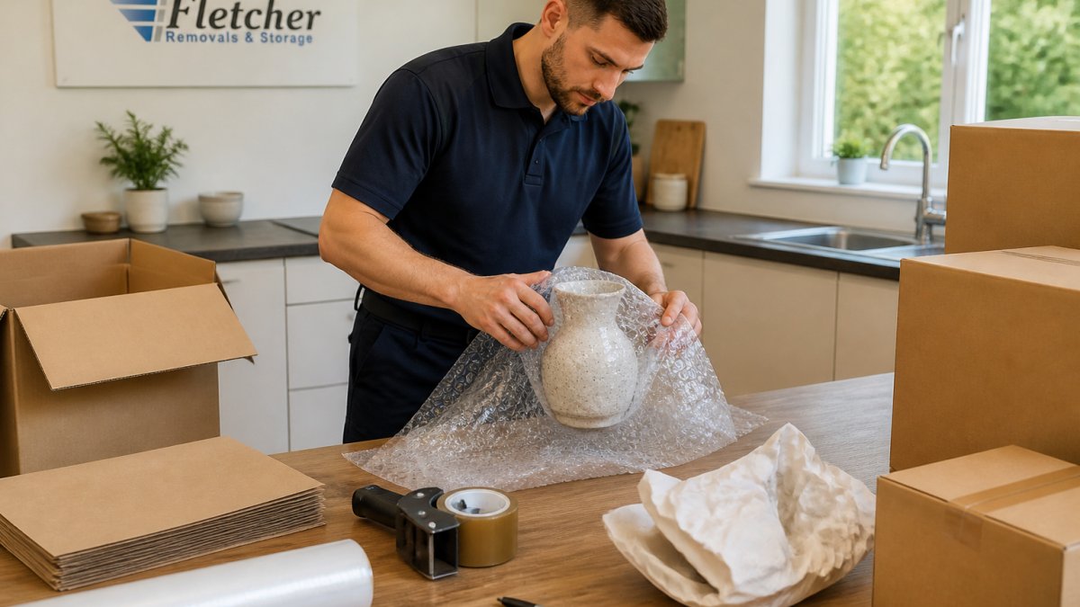 Step-by-step guide for professional packers wrapping a ceramic vase in bubble wrap for safe transit