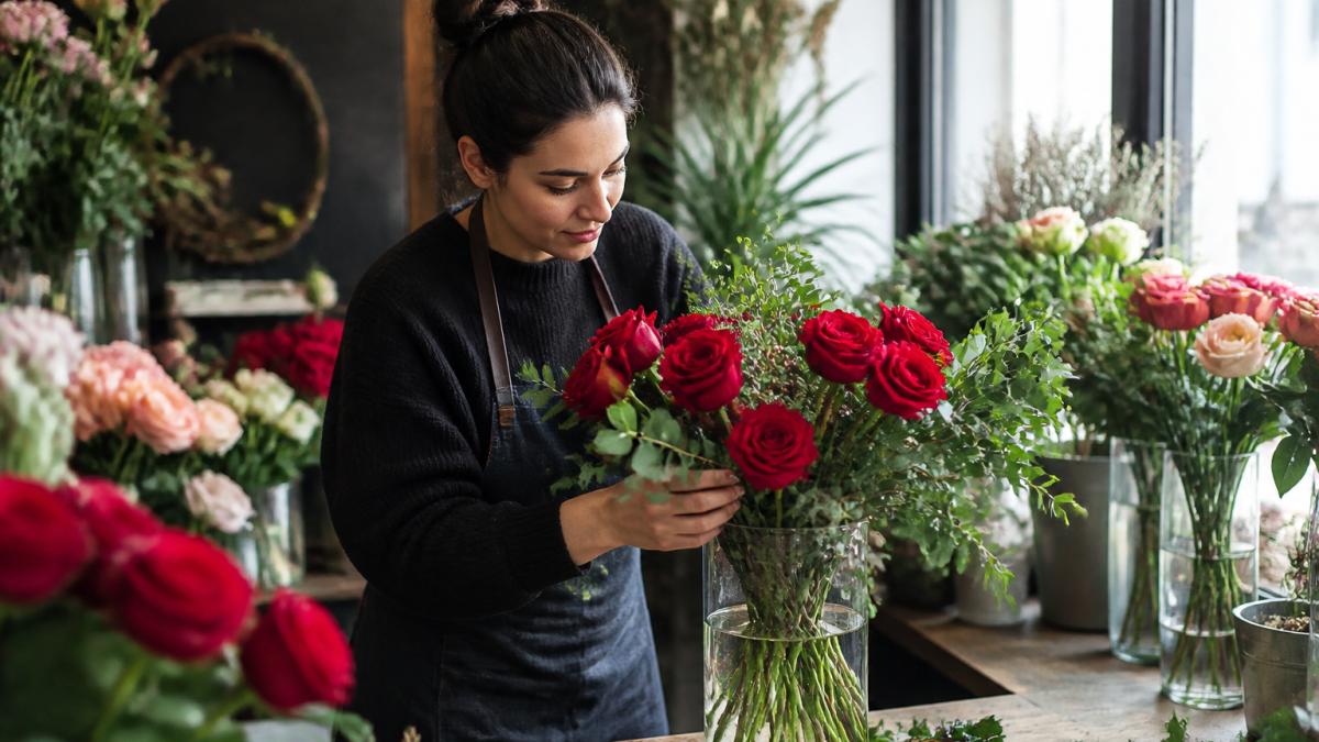 Local florist arranging fresh roses in a vase to show the artisan quality of flowers vs online options.