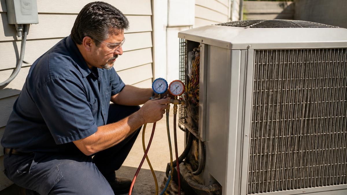 Licensed technician using gauges to inspect an outdoor unit during R-22 AC repair replacement and system check.