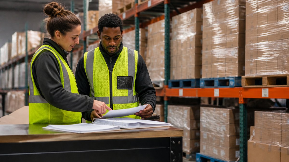 Warehouse staff reviewing inventory and shipment data to outsource fulfillment efficiently