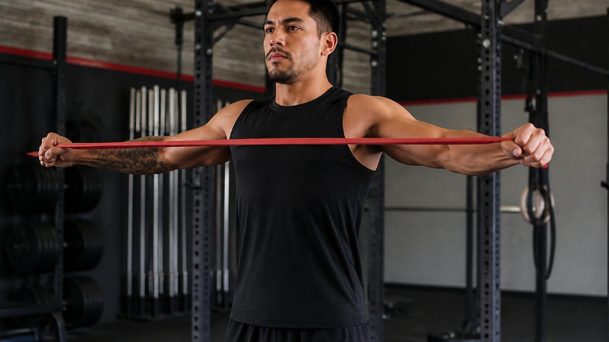 Male athlete performing band pull-aparts with resistance band in gym setting, showing proper scapular retraction and arm positioning with controlled form