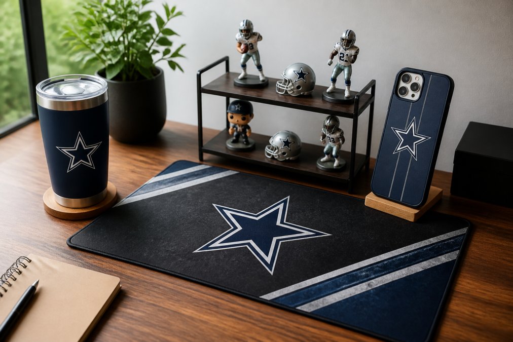 A flat lay of sports fan gear including a team-branded phone case, a stainless steel tumbler, a desk mat with a team logo, and a small display shelf with team figurines, arranged on a wooden table with natural lighting