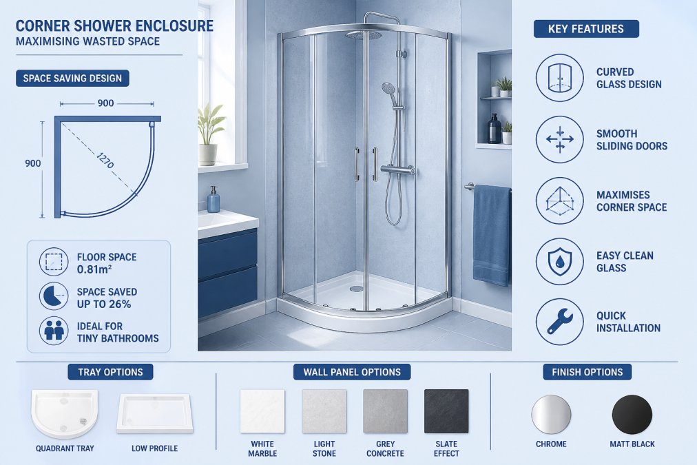Modern corner shower installation with curved glass enclosure, white quadrant tray, and chrome fixtures in a compact bathroom corner with soft natural lighting