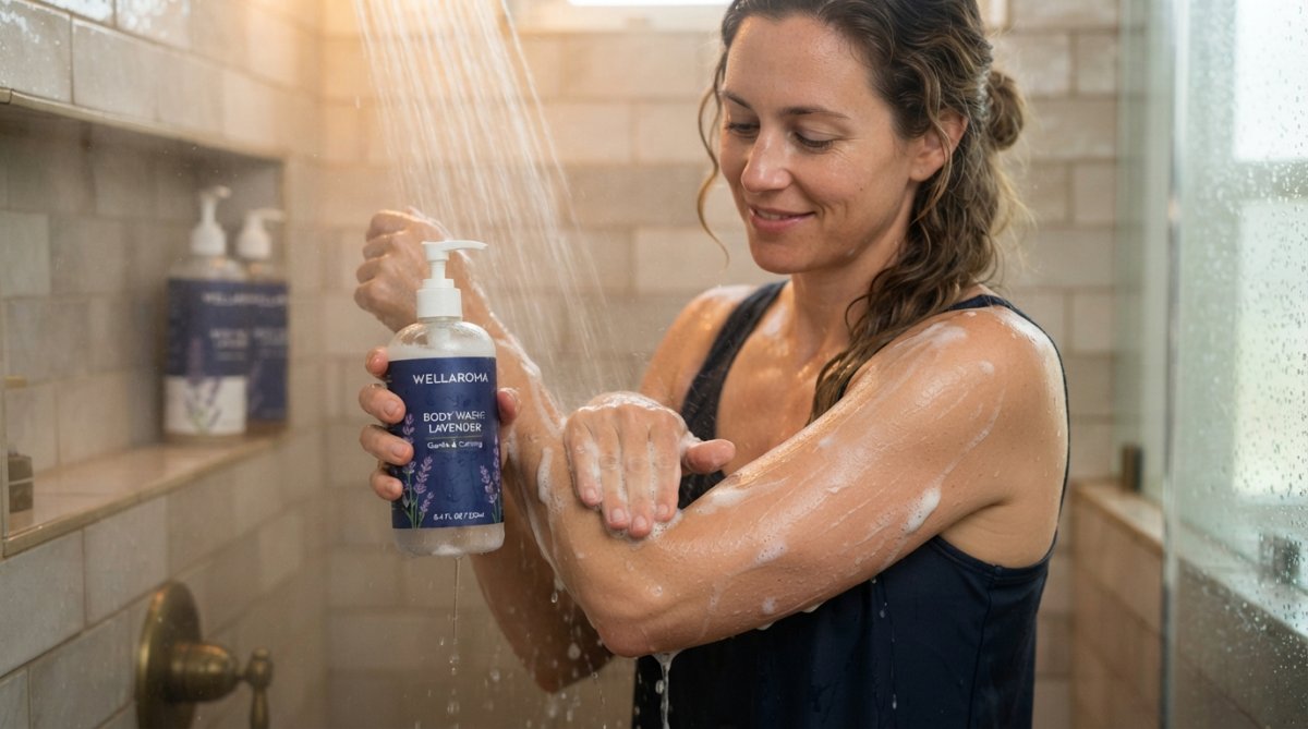 Person with calm expression applying gentle natural body wash to arm under warm shower water, soft lighting emphasizing skin texture and care