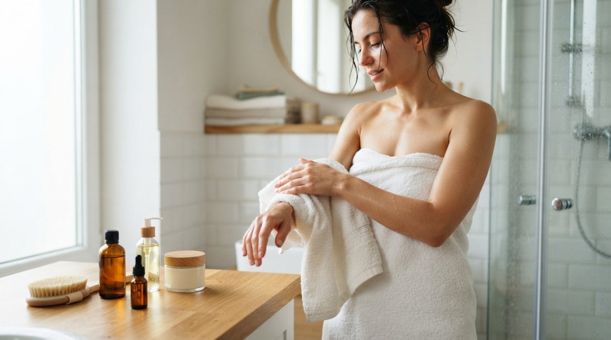 Hands patting skin dry with soft towel after shower, with essential oil bottle and natural body care products on bathroom counter nearby