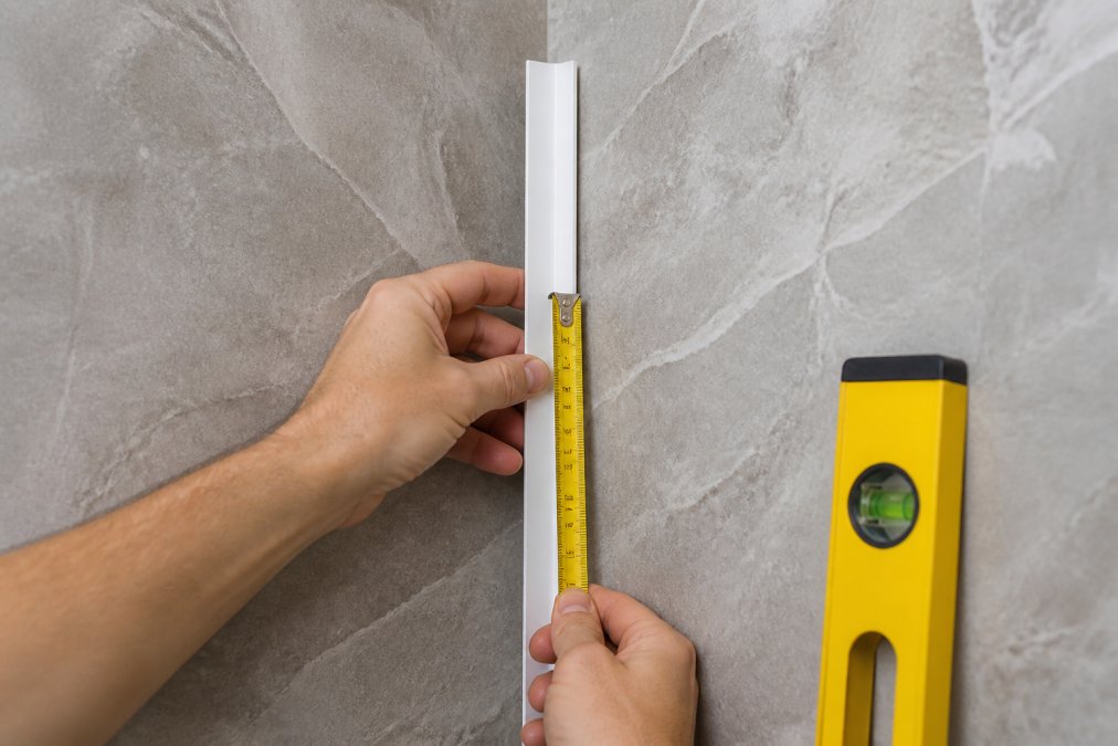 Close-up of a bathroom corner showing hands measuring a white internal corner trim against shower panels with a spirit level and measuring tape visible