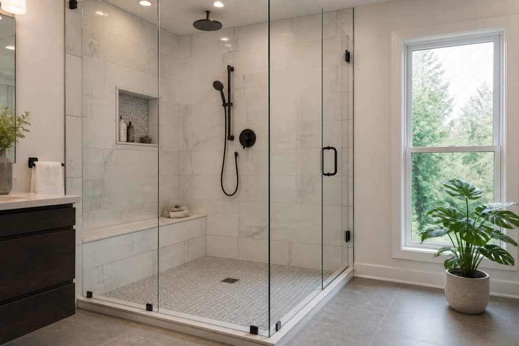 Modern walk-in shower with custom tile and rainfall head for luxury shower renovations