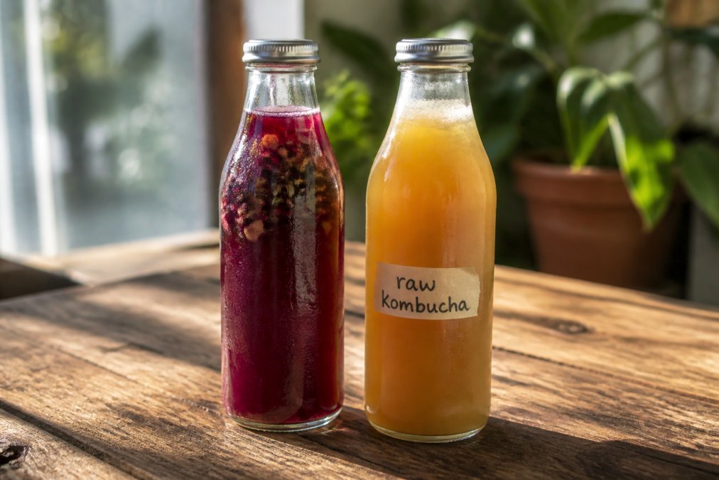 Two chilled glass bottles side by side on a worn wooden surface, one a deep purple shrub soda with visible fruit pieces and condensation, the other a raw kombucha with a hand-written label, bathed in warm afternoon window light