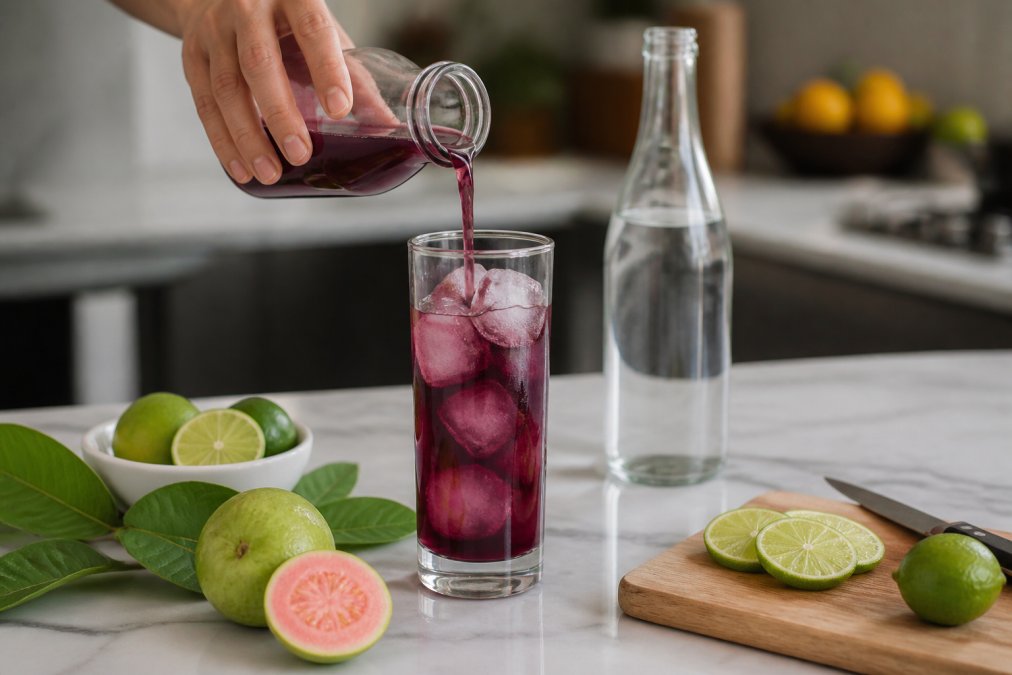 Hands pouring a deep purple shrub soda from a small glass bottle over ice in a tall clear glass, with a soda water bottle and fresh lime slices and guava leaves arranged on a pale marble countertop, warm overhead lighting