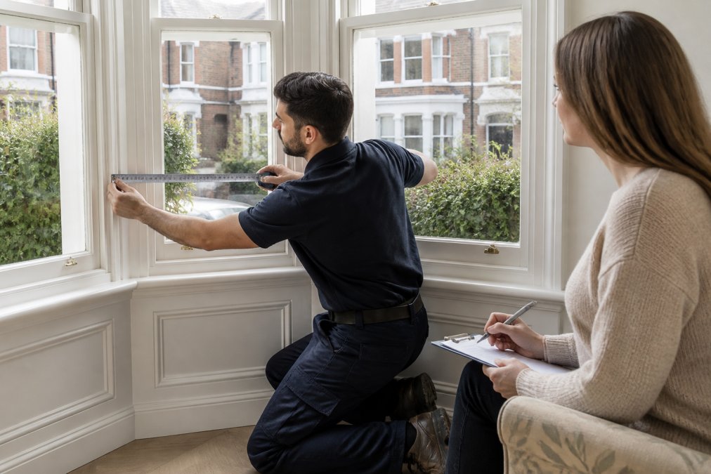 A fitter in a smart uniform kneeling at a bay window in a period London home, holding a metal tape measure across the frame while a homeowner watches and takes notes on a clipboard
